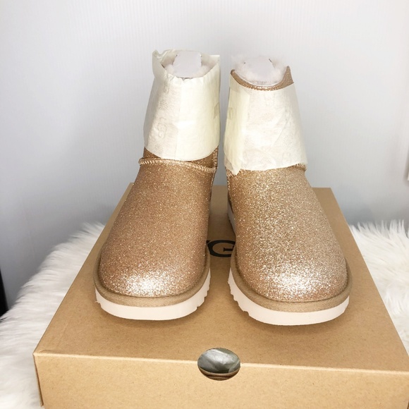 UGG Mini Bailey Bow Gold Sparkle Boots Glitter NEW - Picture 5 of 8